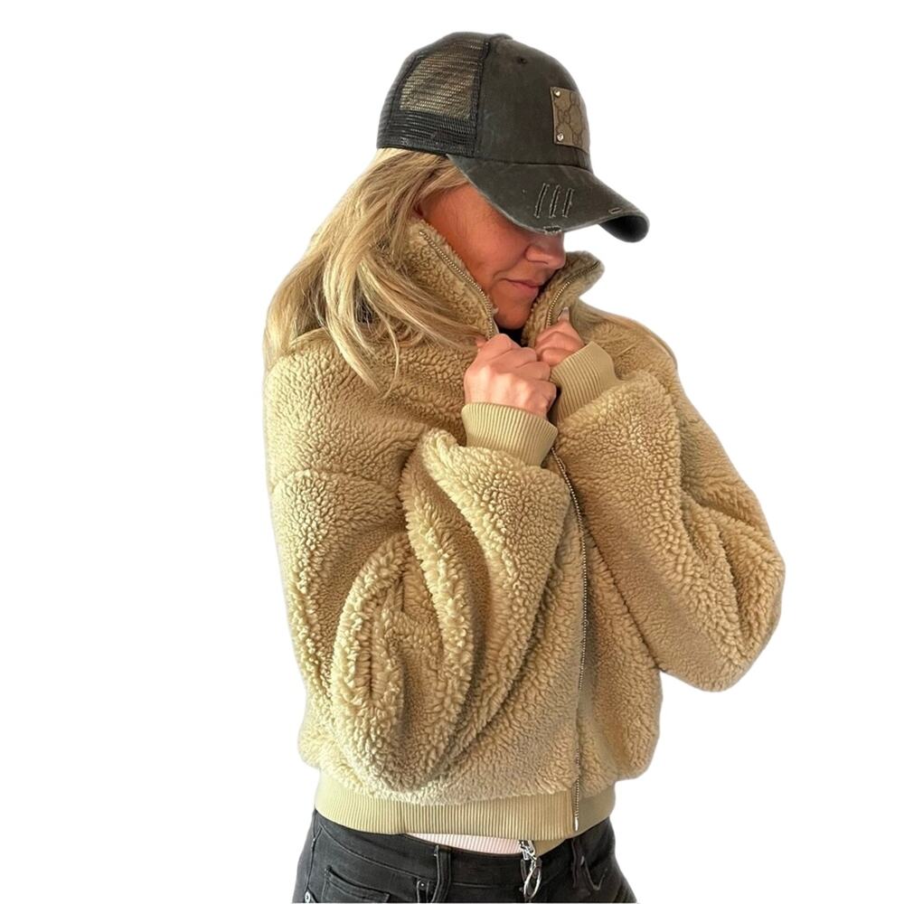 NWT - We Wore What Oatmeal Cropped Faux Shearling Bomber Jacket